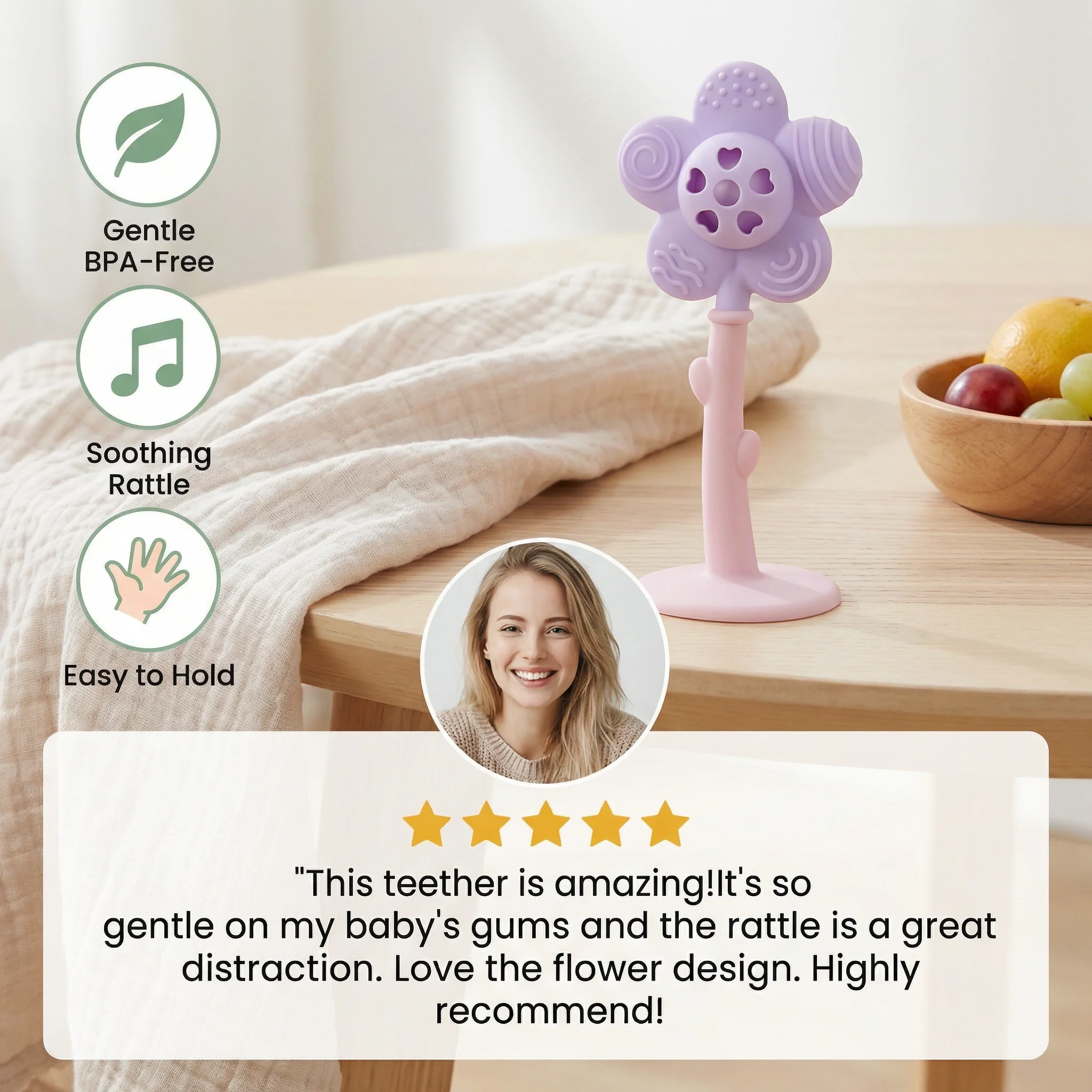 Flower Silicone Teether & Rattle – Gentle BPA-Free Teething Toy for Babies - Image 2
