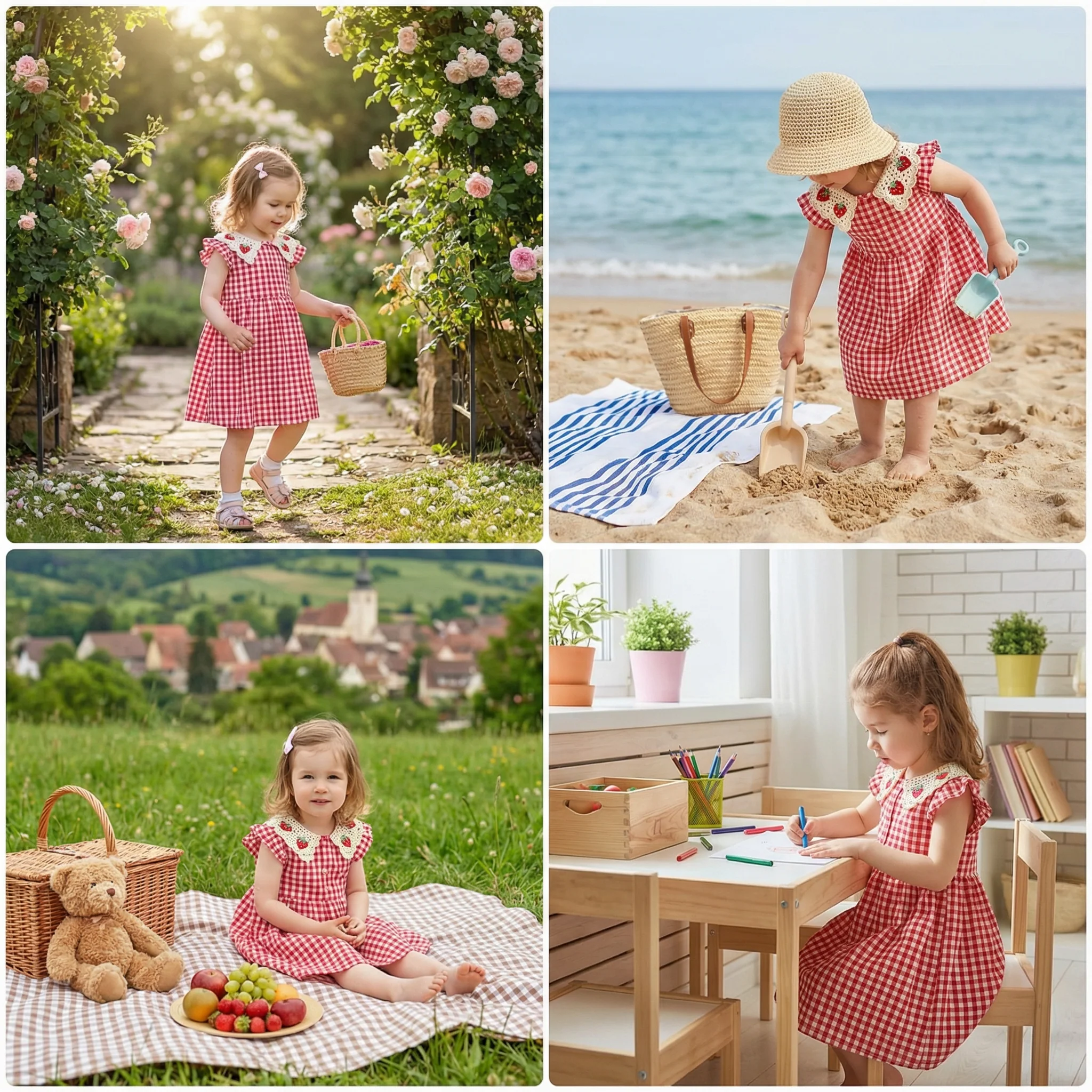 Girls’ Summer Dress with Strawberry Collar – Plaid Cotton Dress - Image 4