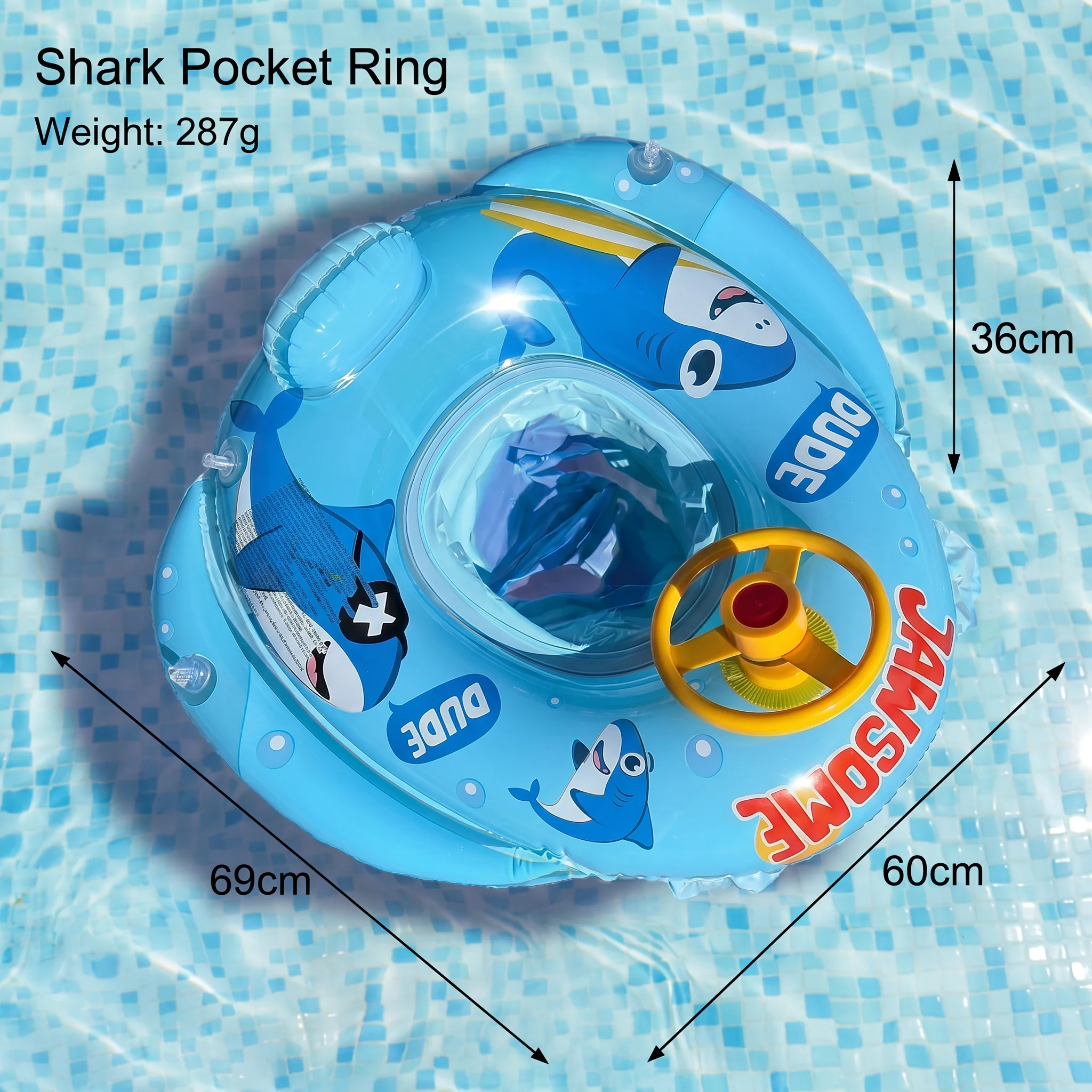 Inflatable baby swim ring with seat and steering wheel in a shark design - Image 5