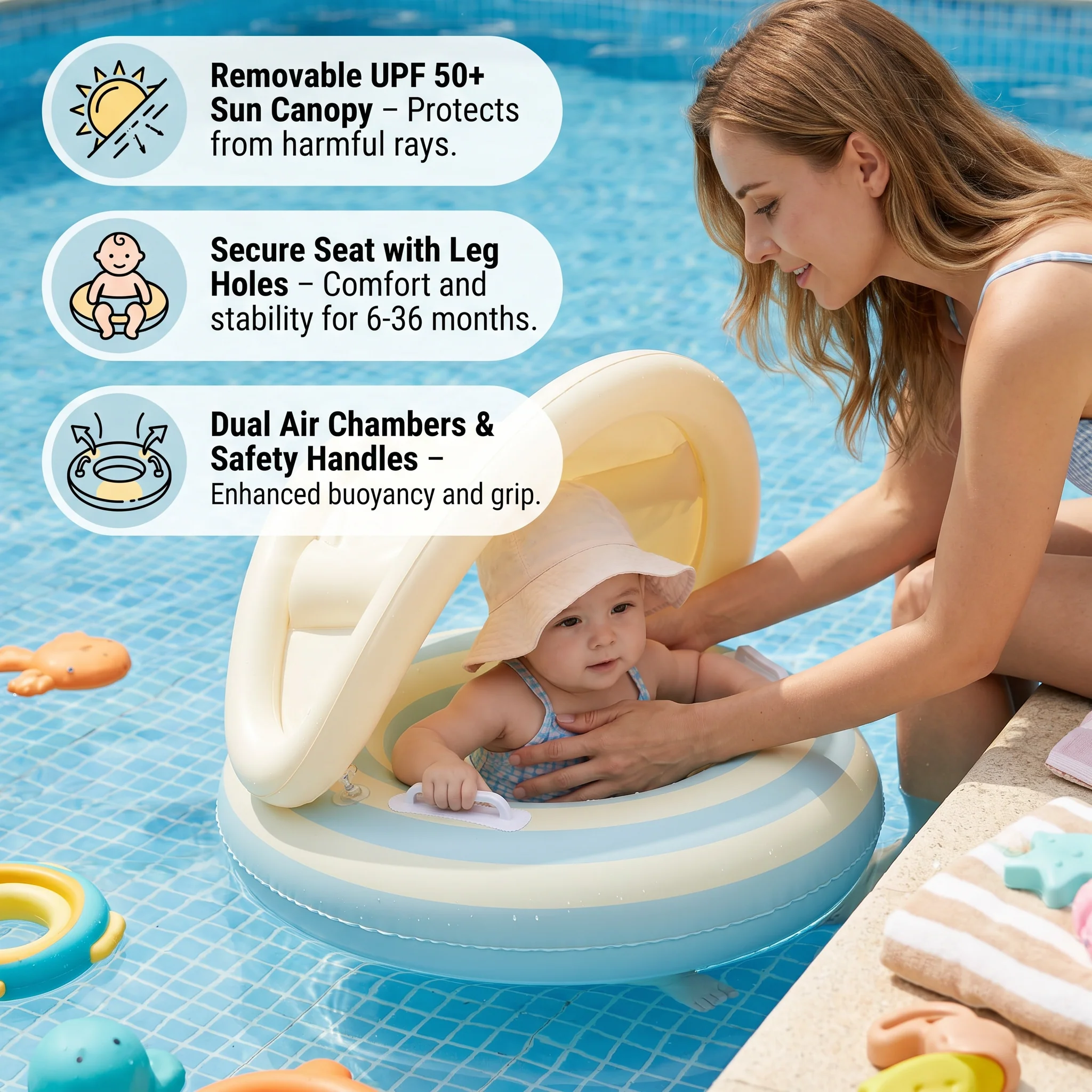 Inflatable Retro Lollipop Baby Swim Ring with Removable Sun Canopy – Secure Seat for 6–36 Months - Image 3