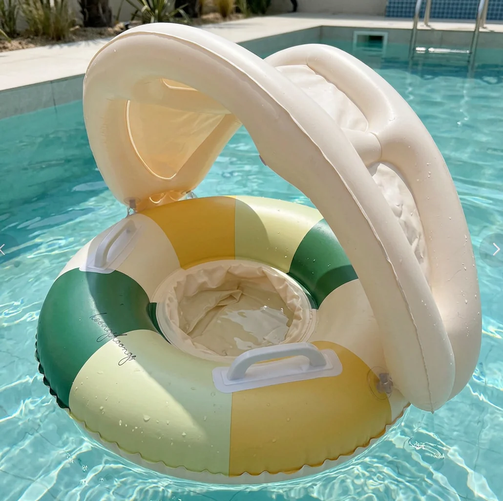 Inflatable Retro Striped Baby Swim Ring with Removable Sun Canopy – Secure Seat for 6–36 Months - Image 7