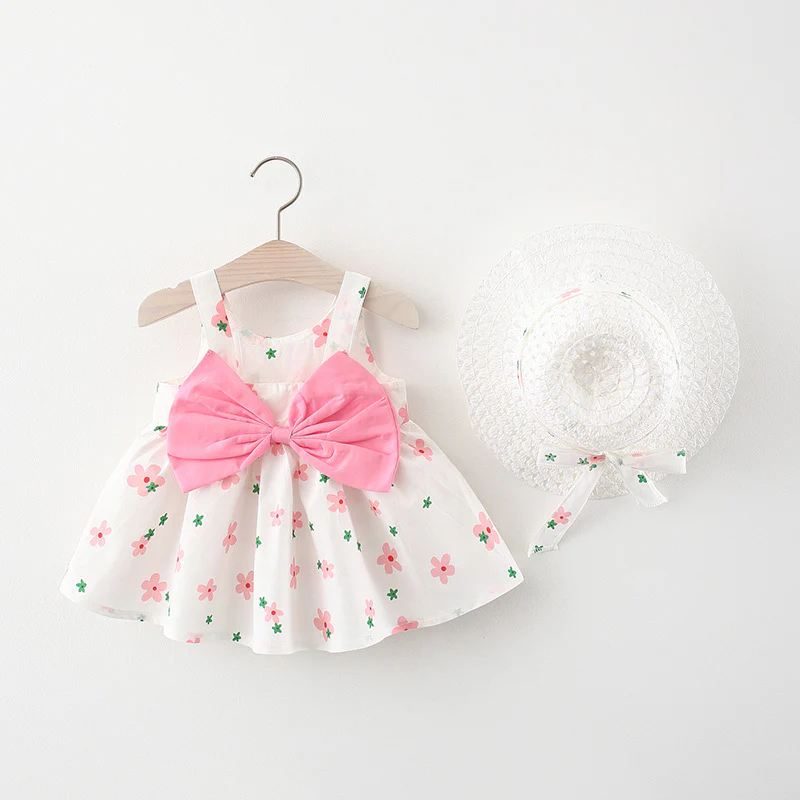 Korean Style 2-Piece Girls Dress Set – Floral Bow Strap Dress with Matching Hat - Image 8