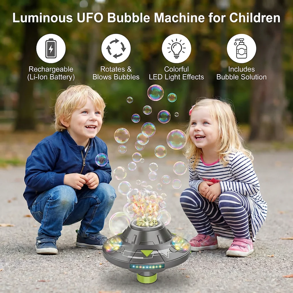 Light-Up UFO Bubble Machine for Kids – Rechargeable Spinning Bubble Blaster with LED Effects - Image 3