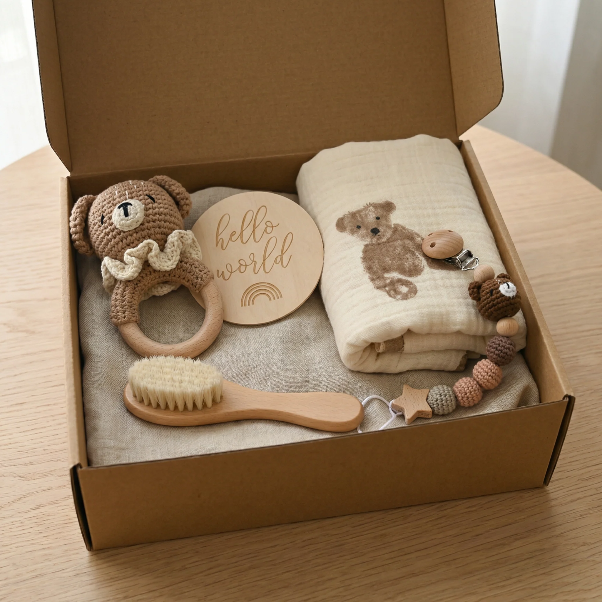 Newborn Gift Box – Crochet Animal Rattle, Wooden Toy, Muslin Blanket & Pacifier Clip - Image 6