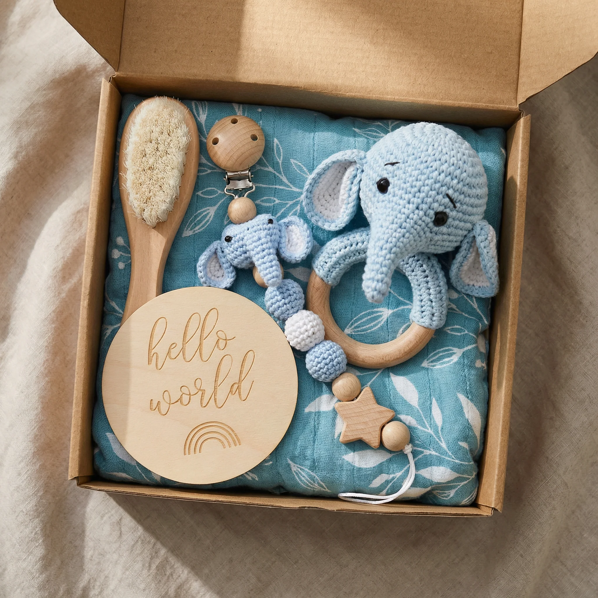 Newborn Gift Box – Crochet Animal Rattle, Wooden Toy, Muslin Blanket & Pacifier Clip - Image 7