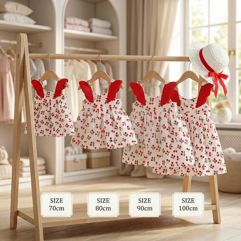 Summer 2-Piece Girls Dress Set – Cherry Print Korean Style Dress with Straw Hat - Image 5