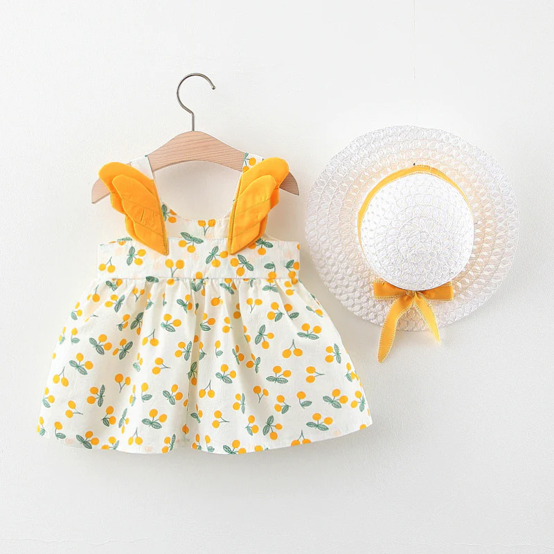 Summer 2-Piece Girls Dress Set – Cherry Print Korean Style Dress with Straw Hat - Image 6
