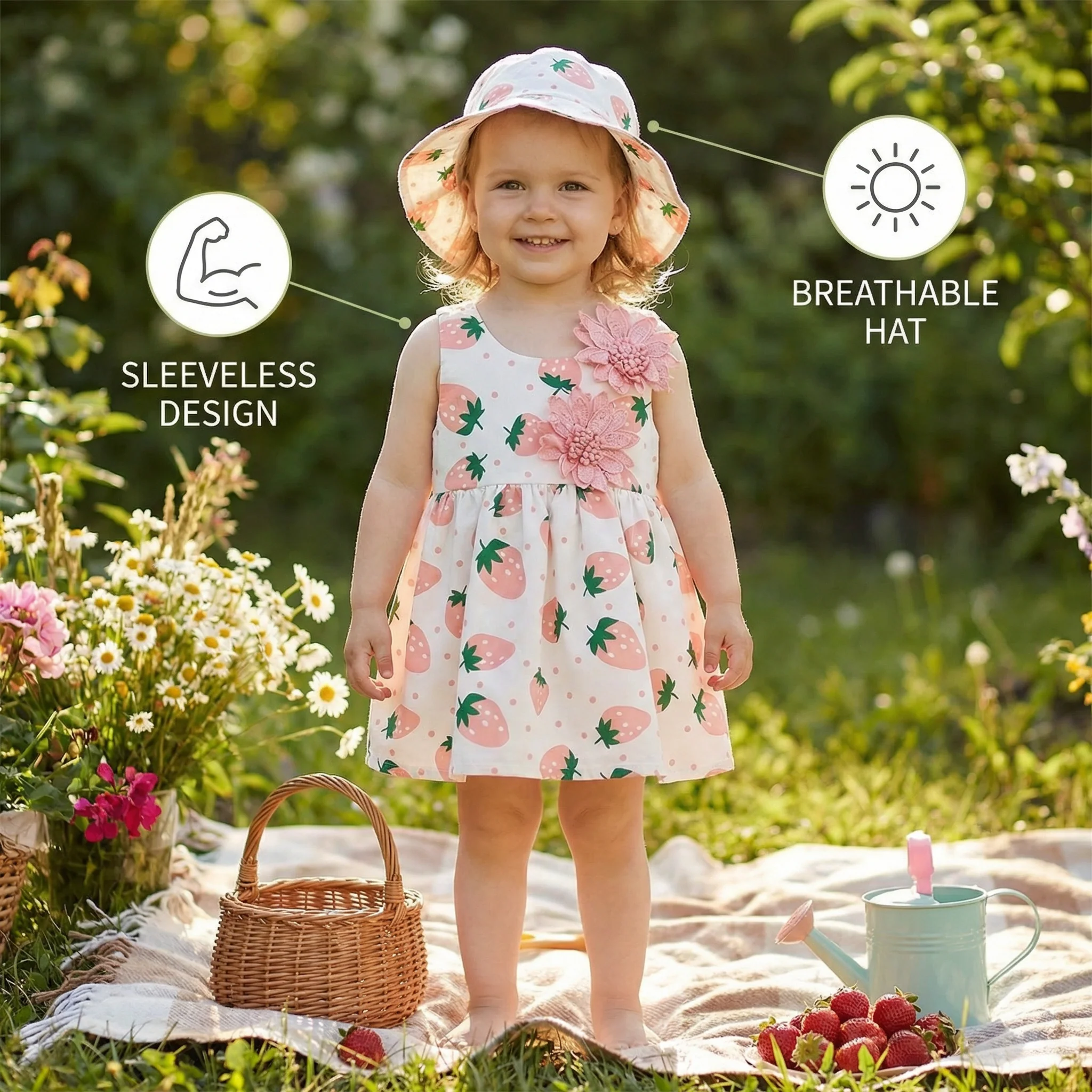 Summer 2-Piece Girls Dress Set – Sleeveless Strawberry Print Dress with Matching Hat - Image 3